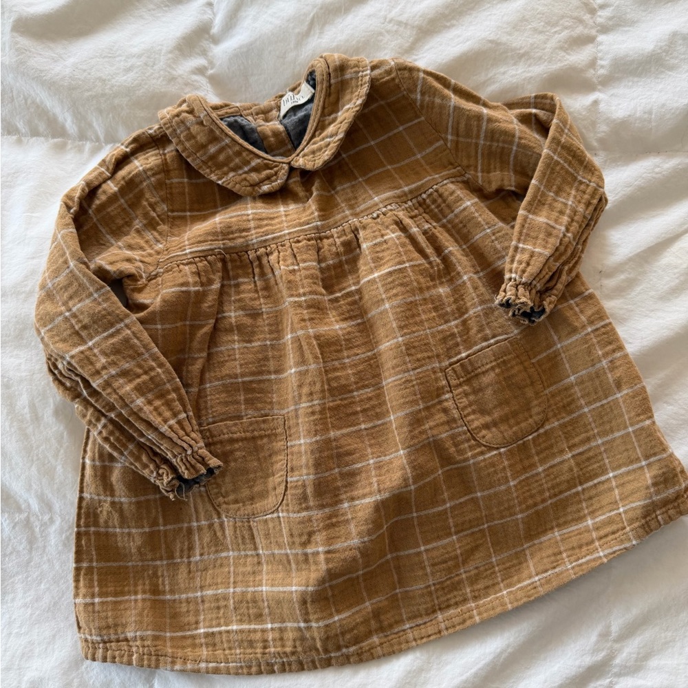 Girls' Brown Plaid Long-Sleeve Dress with Peter Pan Collar